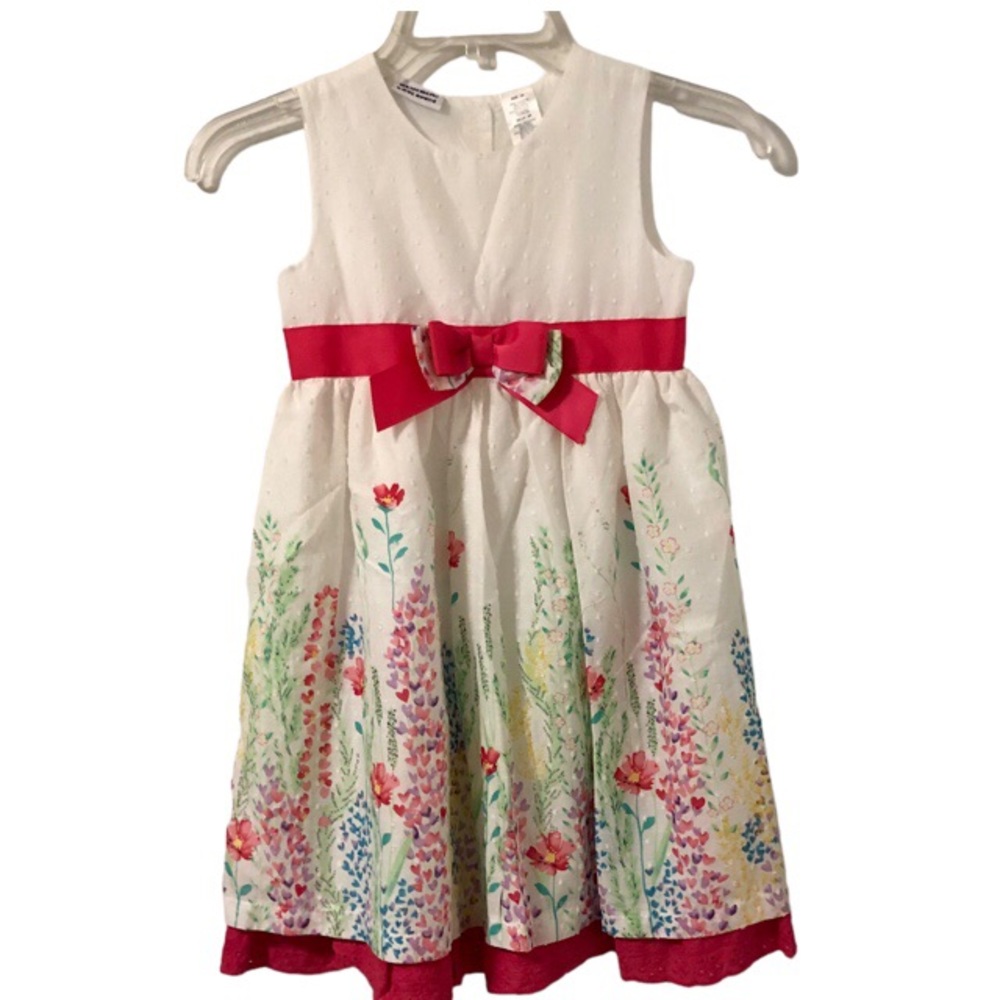 Blueberi Boulevard White Pink floral girls dress with tulle underneath.
